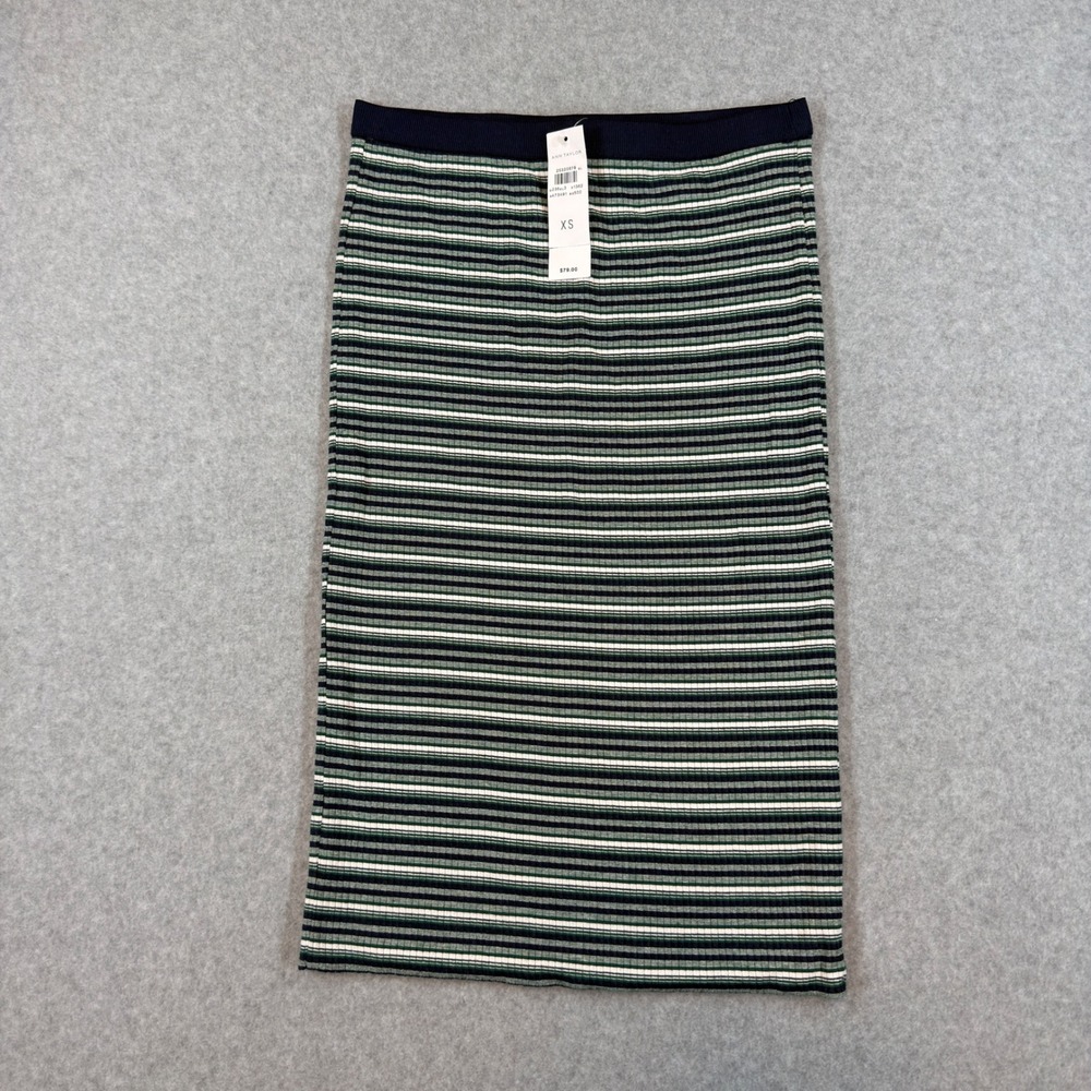 Ann Taylor Skirt Womens XS Green Striped Ribbed Knit Pencil Midi Casual Preppy